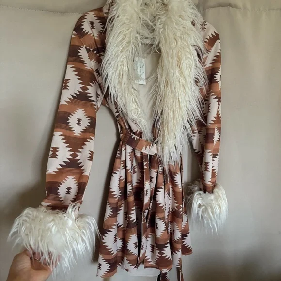 Southern Grace Brown and Cream Long Sleeve Dress with Faux Fur - Picture 1 of 5